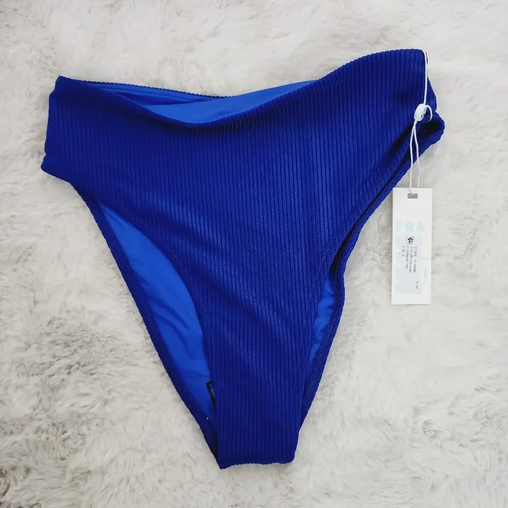 Frankie’s Bikinis Jenna High Waisted Bikini Bottom Cerulean Blue Ribbed Size S